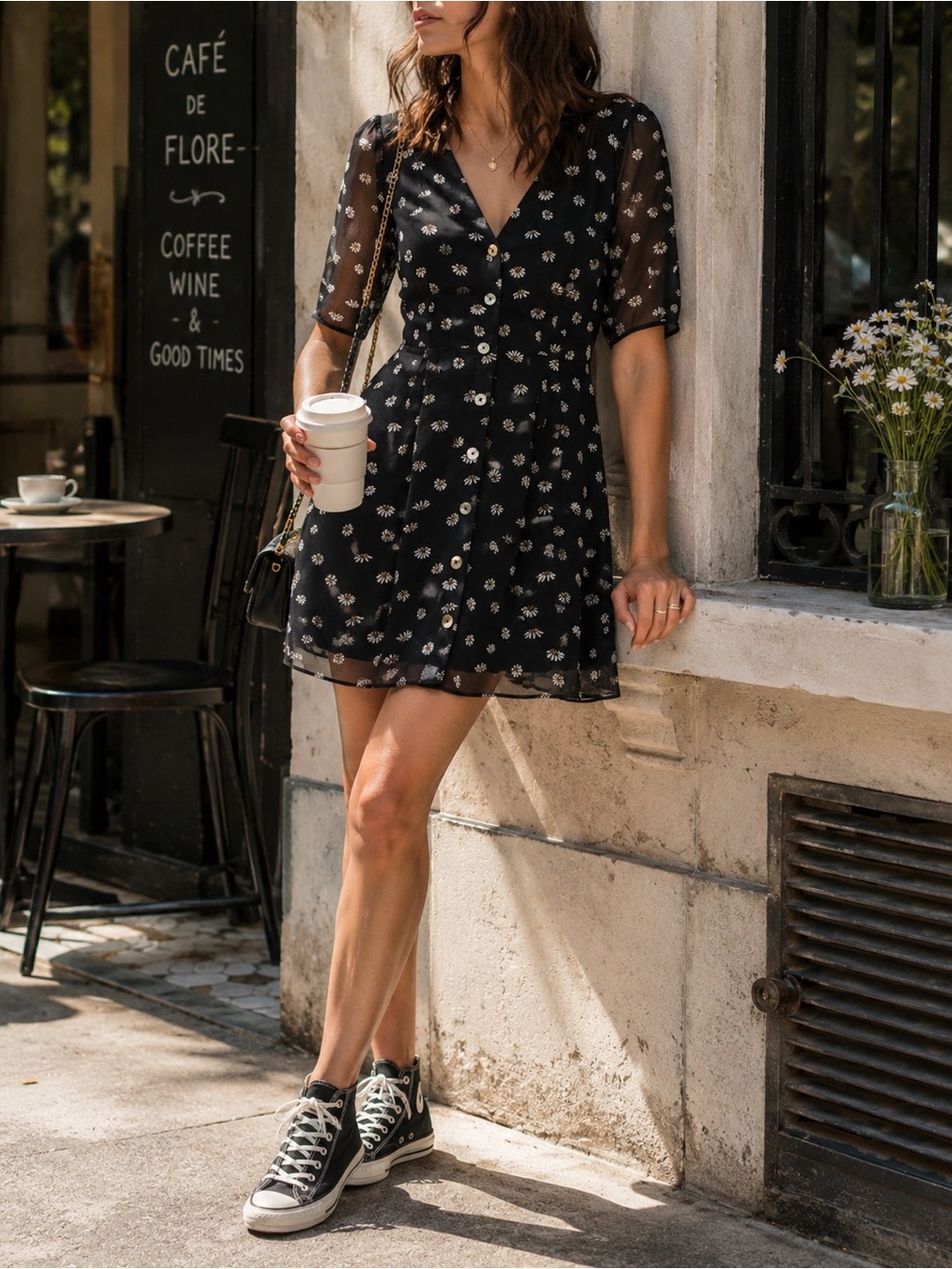 Aritzia Wilfred New Button Front Dress Size 4 Daisies Black White Floral - Picture 1 of 12
